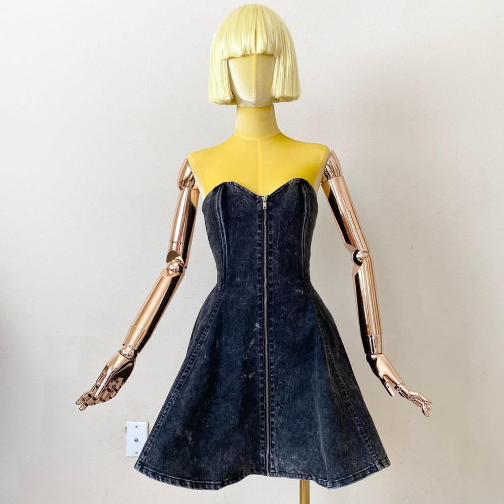 Betsy Johnson Black 80s Fit & Flare Denim Dress 4 - Picture 1 of 6